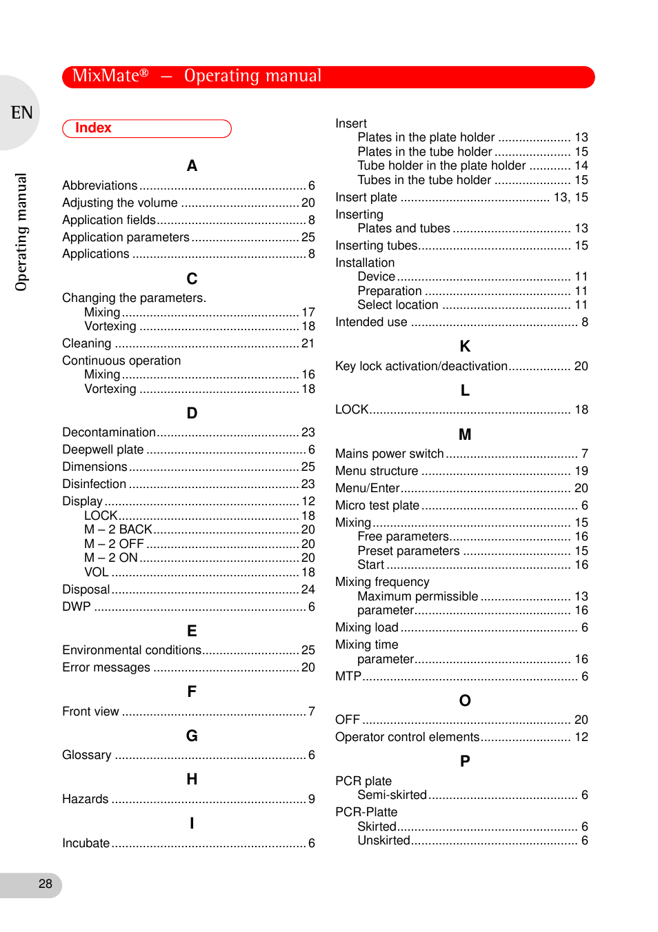 Index, Mixmate® — operating manual | Eppendorf MixMate User Manual | Page 28 / 38