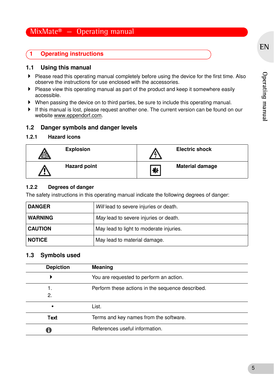 1 operating instructions, 1 using this manual, 2 danger symbols and danger levels | 1 hazard icons, 2 degrees of danger, 3 symbols used, 1 hazard icons 1.2.2 degrees of danger, Mixmate® — operating manual | Eppendorf MixMate User Manual | Page 5 / 38