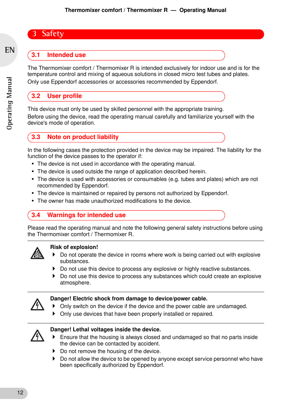 Safety, 1 intended use, 2 user profile | 3 note on product liability, 4 warnings for intended use, 3 safety | Eppendorf Thermomixer R User Manual | Page 10 / 35