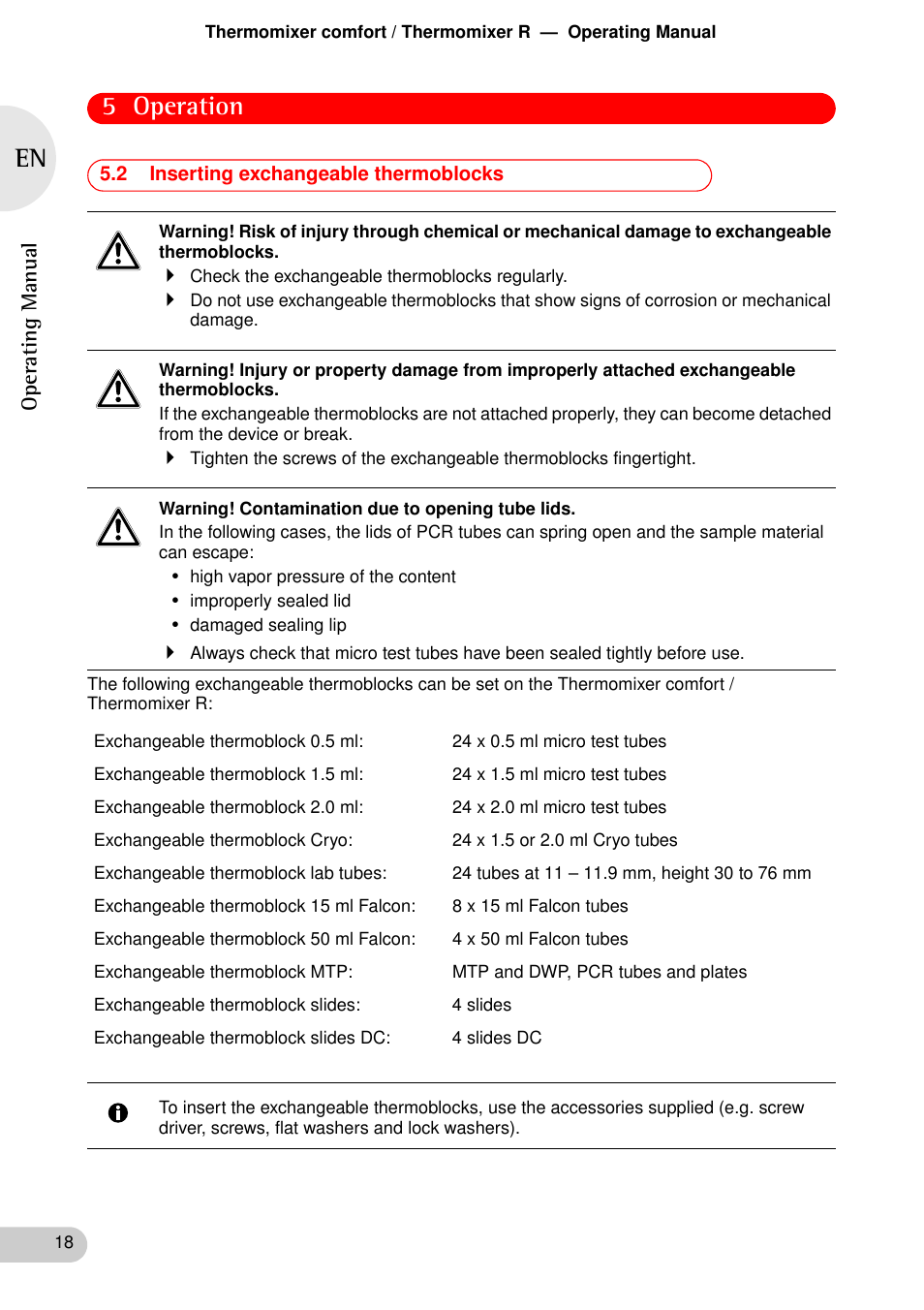 2 inserting exchangeable thermoblocks, 5 operation | Eppendorf Thermomixer R User Manual | Page 16 / 35