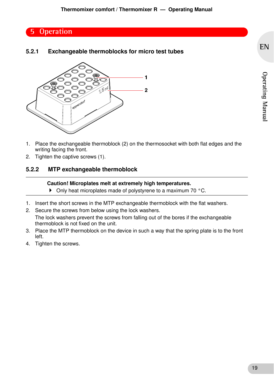 1 exchangeable thermoblocks for micro test tubes, 2 mtp exchangeable thermoblock, 5 operation | Eppendorf Thermomixer R User Manual | Page 17 / 35