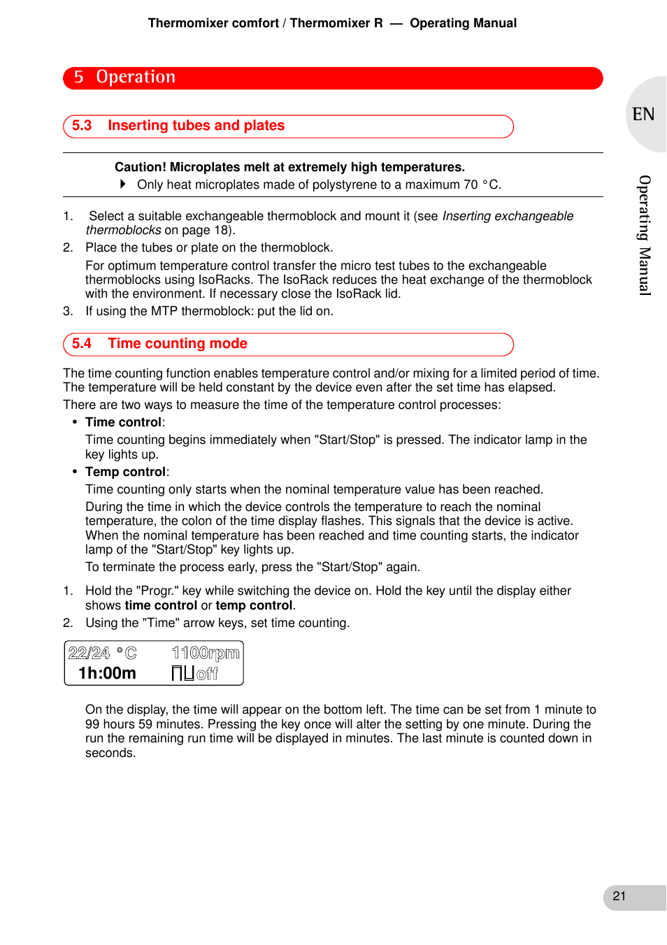 3 inserting tubes and plates, 4 time counting mode, 5 operation | Eppendorf Thermomixer R User Manual | Page 19 / 35