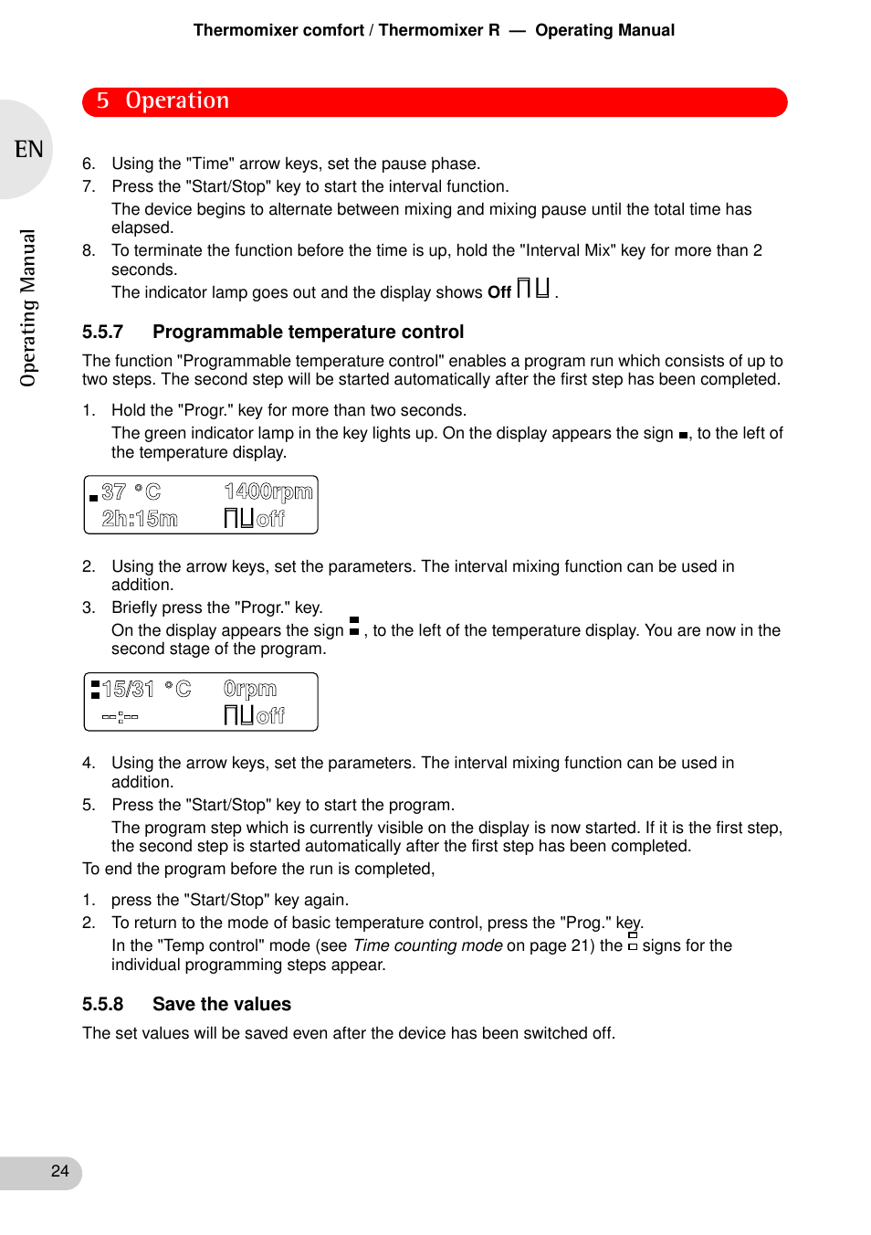 7 programmable temperature control, 8 save the values, 5 operation | Eppendorf Thermomixer R User Manual | Page 22 / 35