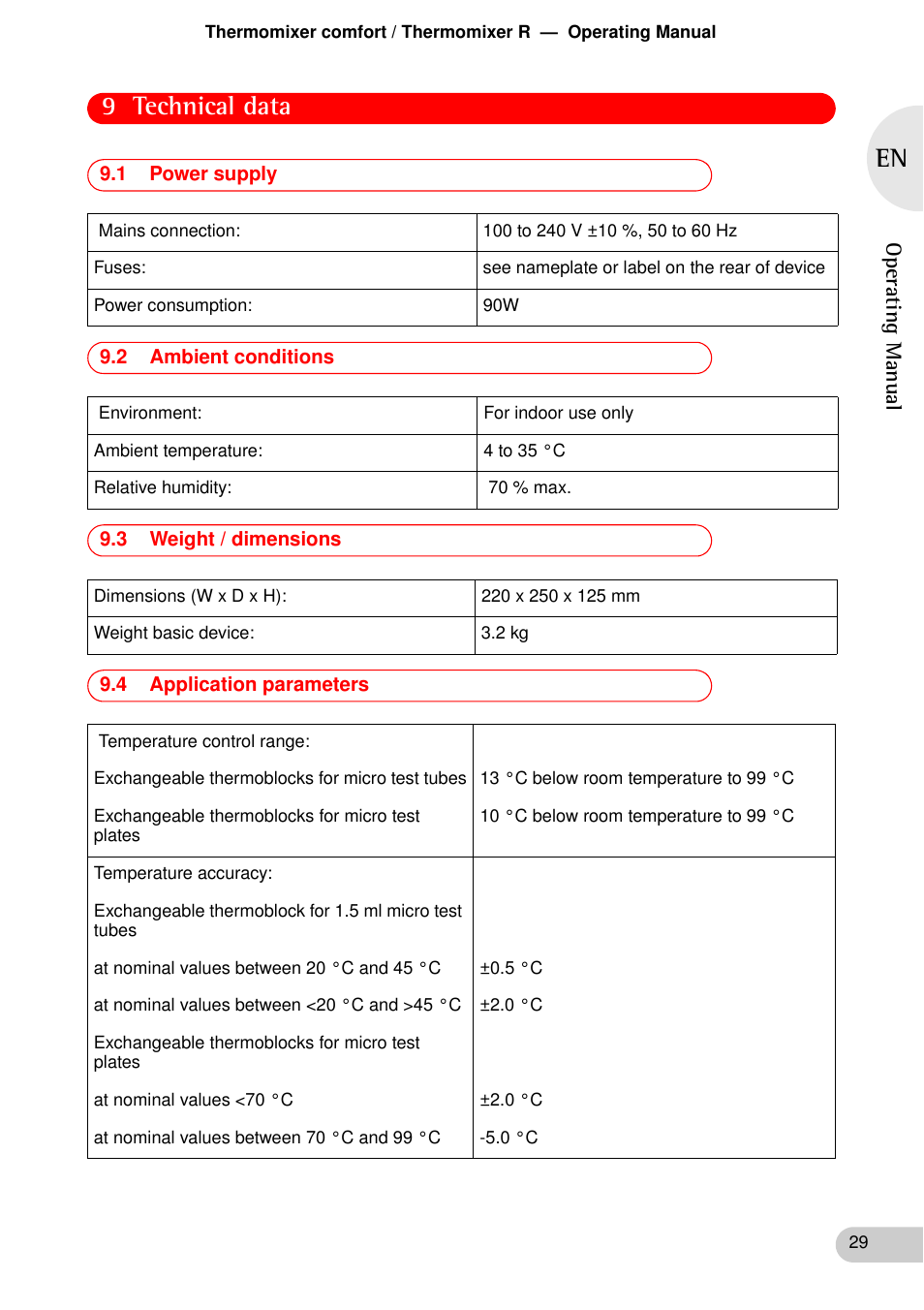 Technical data, 1 power supply, 2 ambient conditions | 3 weight / dimensions, 4 application parameters, 9 technical data | Eppendorf Thermomixer R User Manual | Page 27 / 35