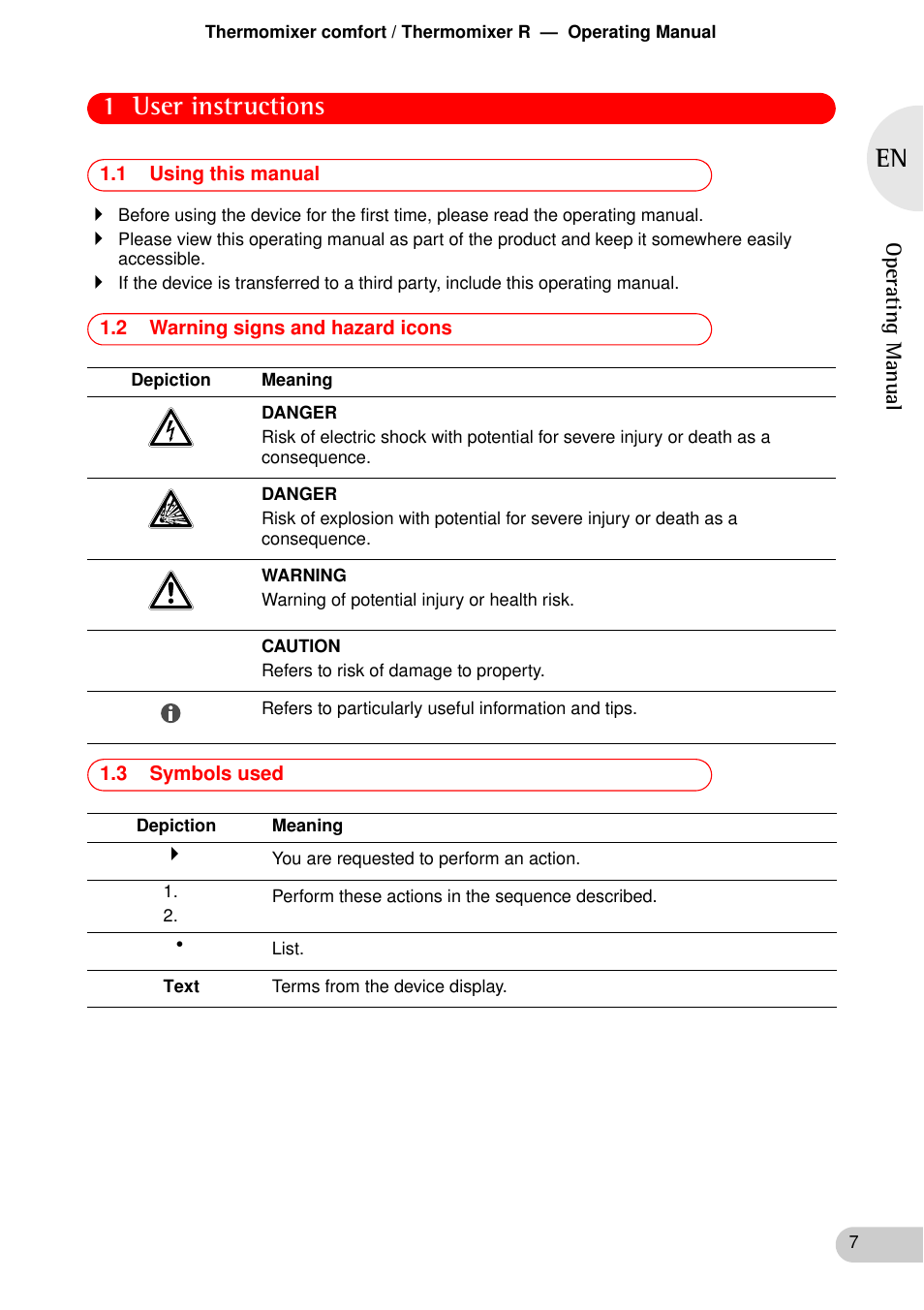 User instructions, 1 using this manual, 2 warning signs and hazard icons | 3 symbols used, 1 user instructions | Eppendorf Thermomixer R User Manual | Page 5 / 35