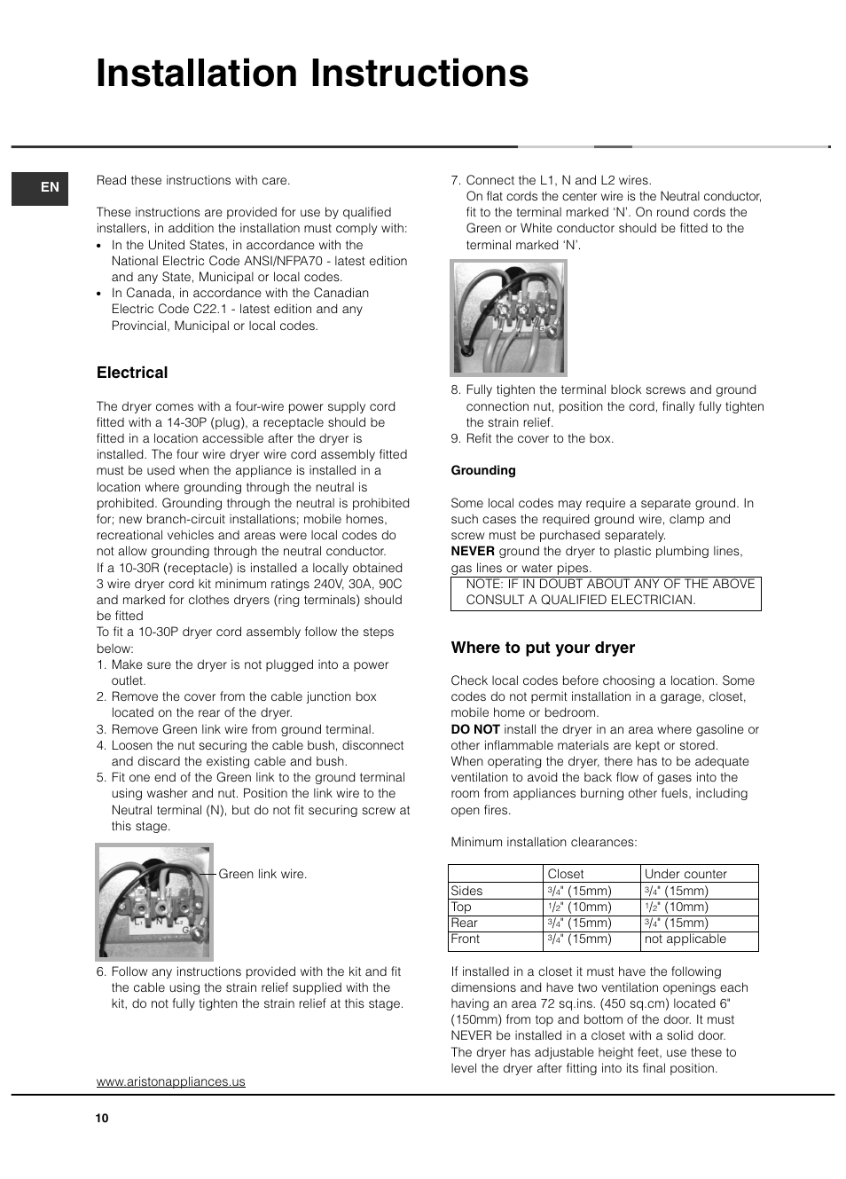 Installation instructions, Where to put your dryer, Electrical | Ariston AS65VXS User Manual | Page 10 / 36