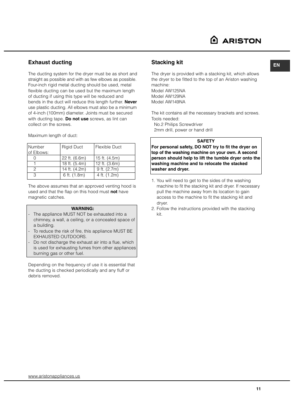 Exhaust ducting, Stacking kit | Ariston AS65VXS User Manual | Page 11 / 36