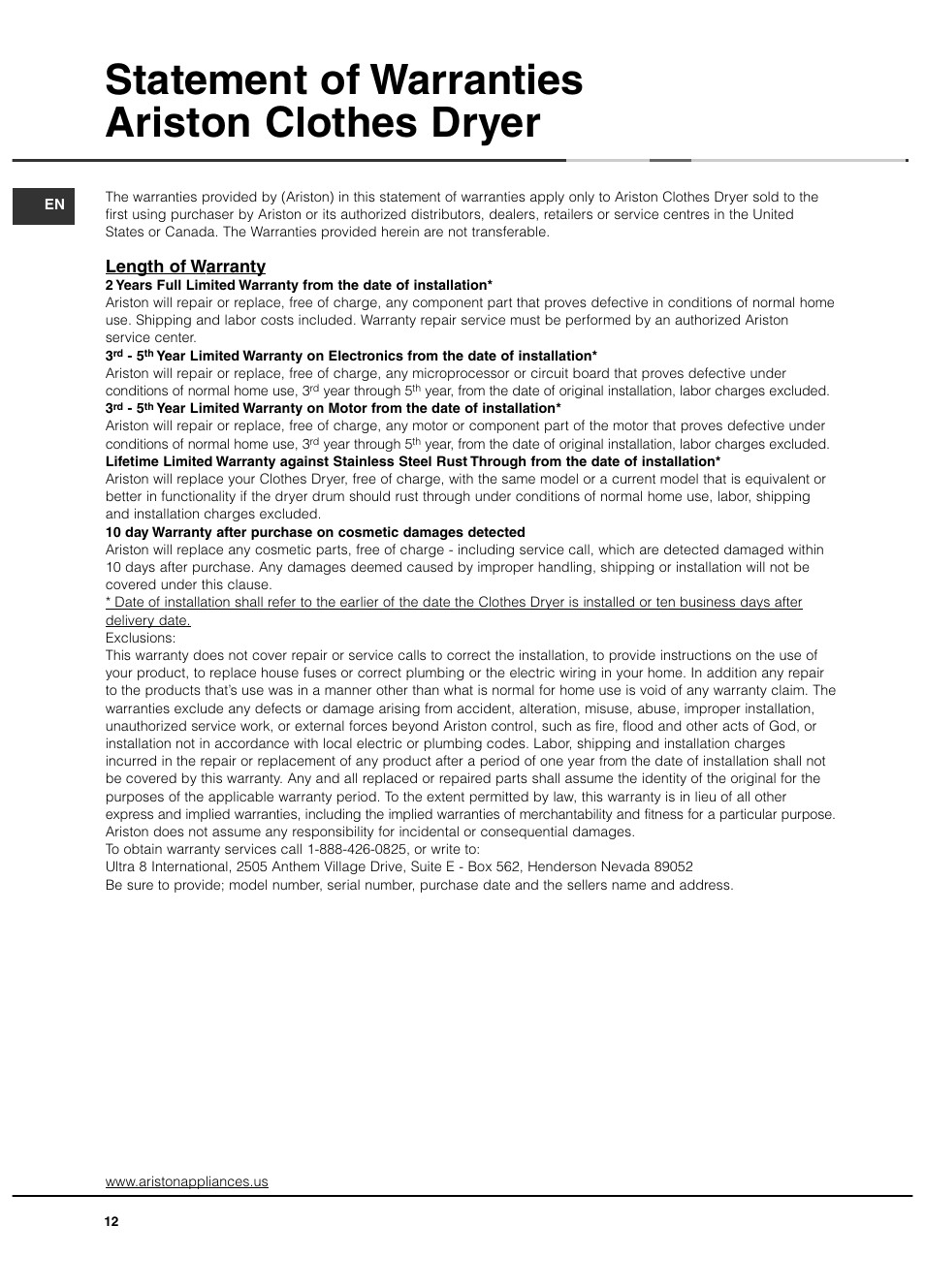 Statement of warranties ariston clothes dryer, Length of warranty | Ariston AS65VXS User Manual | Page 12 / 36