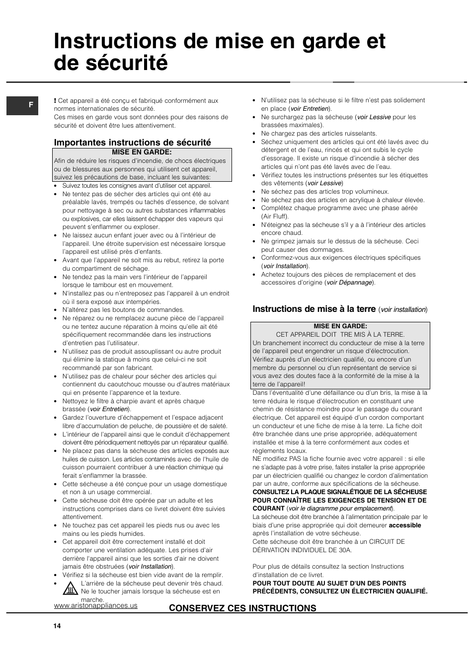 Instructions de mise en garde et de sécurité, Importantes instructions de sécurité, Instructions de mise à la terre | Conservez ces instructions | Ariston AS65VXS User Manual | Page 14 / 36