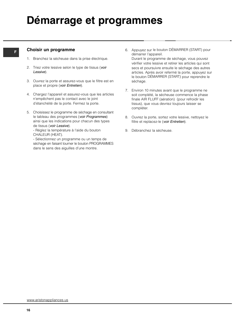 Démarrage et programmes | Ariston AS65VXS User Manual | Page 16 / 36