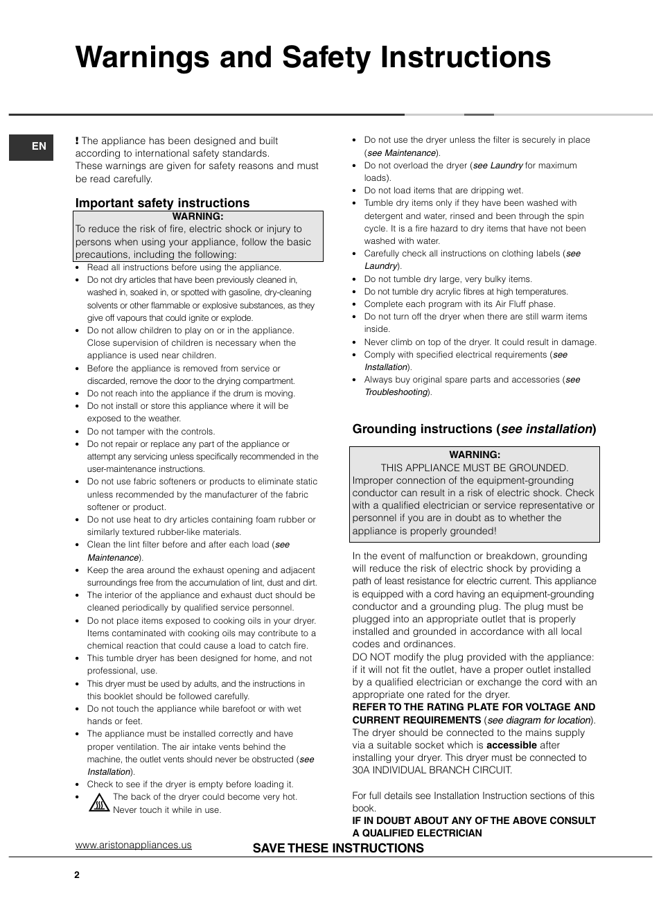 Warnings and safety instructions, Important safety instructions, Grounding instructions ( see installation ) | Save these instructions | Ariston AS65VXS User Manual | Page 2 / 36