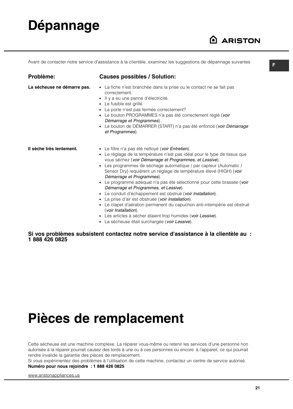 Dépannage, Pièces de remplacement, Problème | Causes possibles / solution | Ariston AS65VXS User Manual | Page 21 / 36