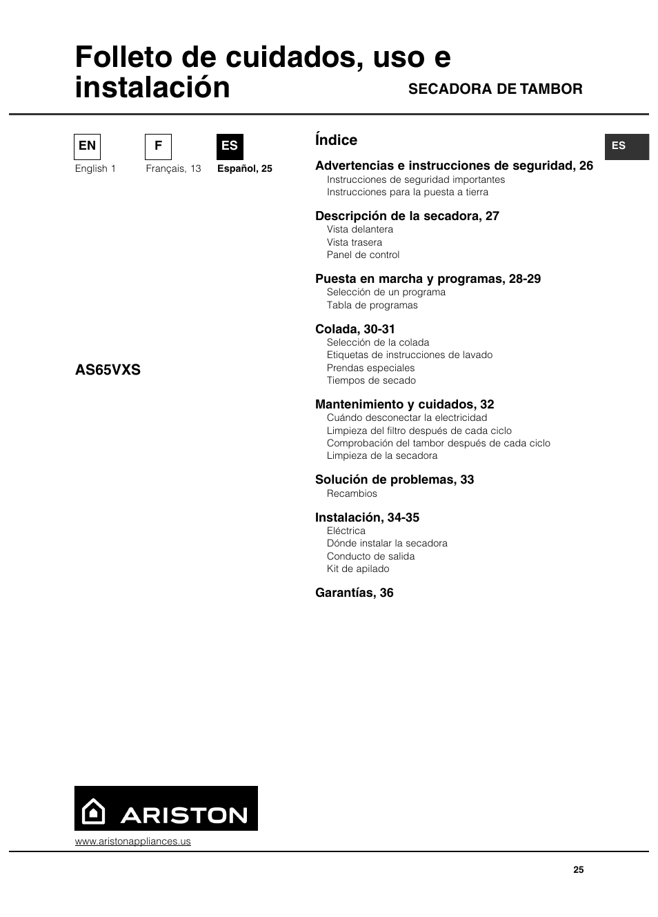 Folleto de cuidados, uso e instalación, Índice secadora de tambor as65vxs | Ariston AS65VXS User Manual | Page 25 / 36