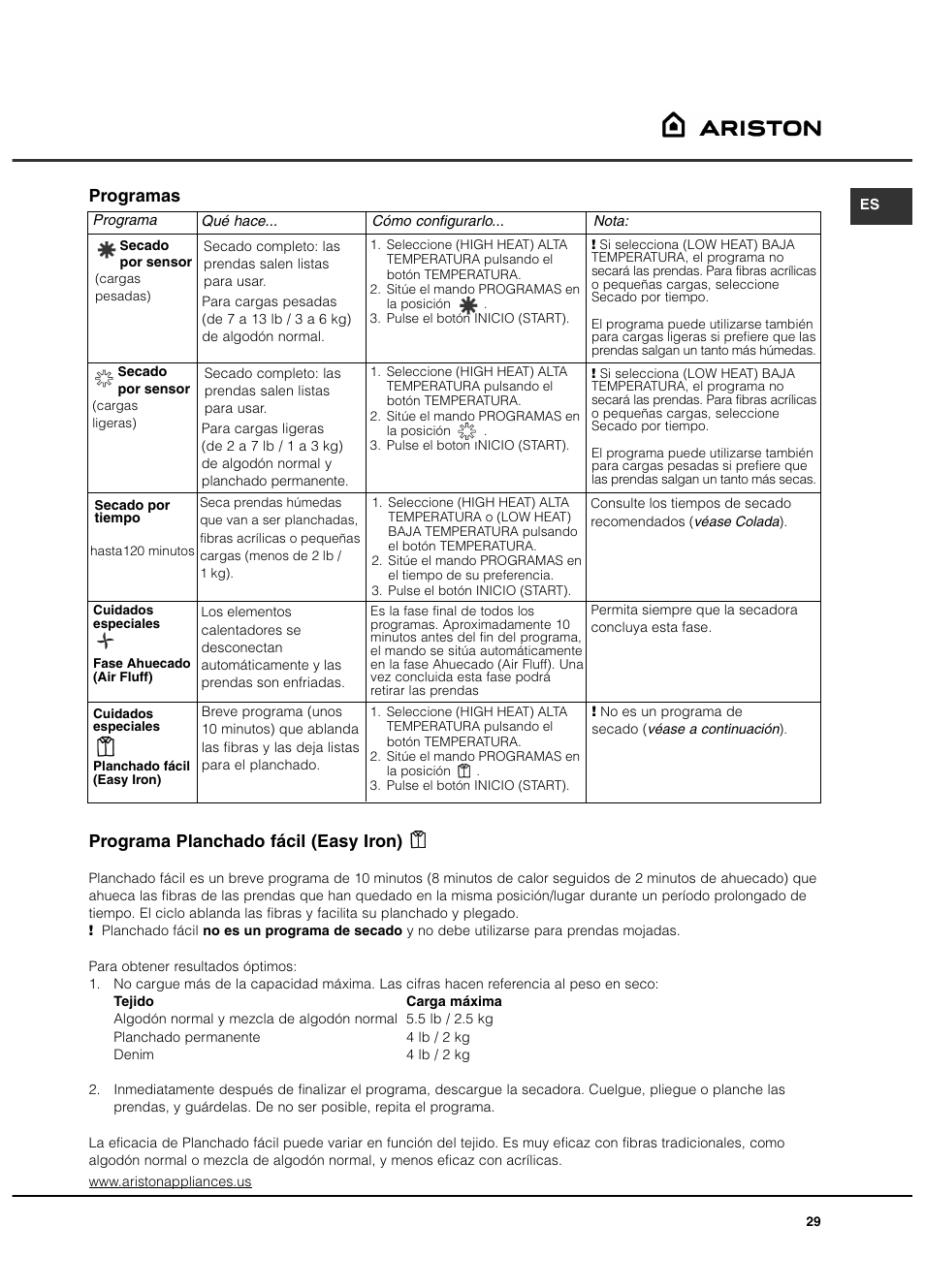 Programa planchado fácil (easy iron), Programas | Ariston AS65VXS User Manual | Page 29 / 36