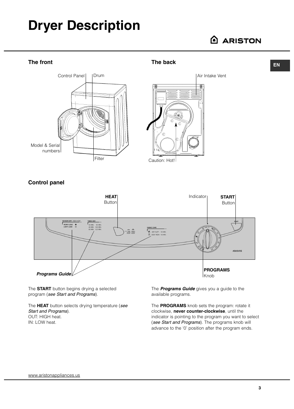 Dryer description | Ariston AS65VXS User Manual | Page 3 / 36