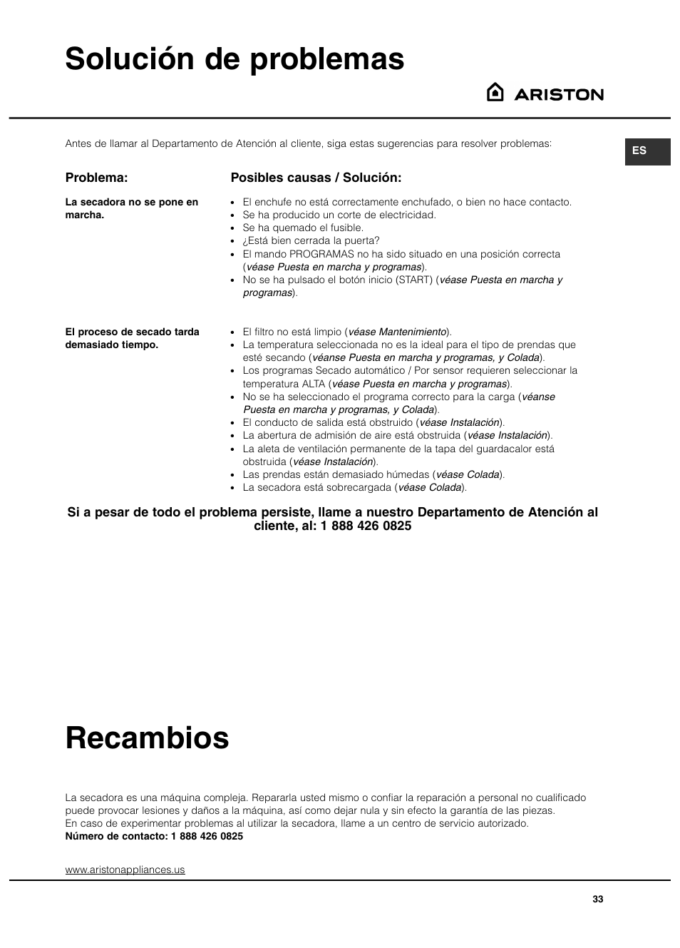 Solución de problemas, Recambios, Problema | Posibles causas / solución | Ariston AS65VXS User Manual | Page 33 / 36