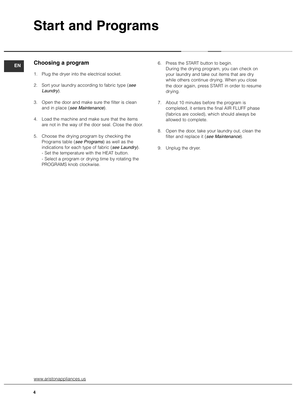 Start and programs | Ariston AS65VXS User Manual | Page 4 / 36