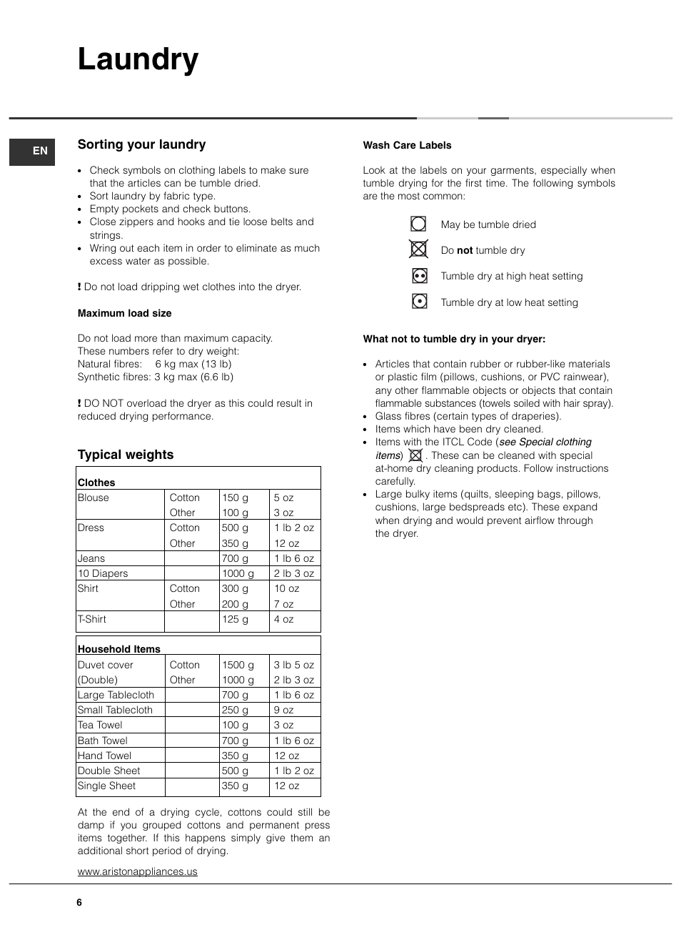 Laundry, Sorting your laundry, Typical weights | Ariston AS65VXS User Manual | Page 6 / 36