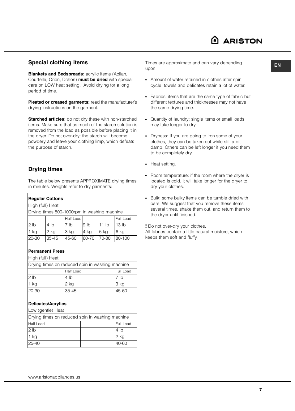 Special clothing items, Drying times | Ariston AS65VXS User Manual | Page 7 / 36