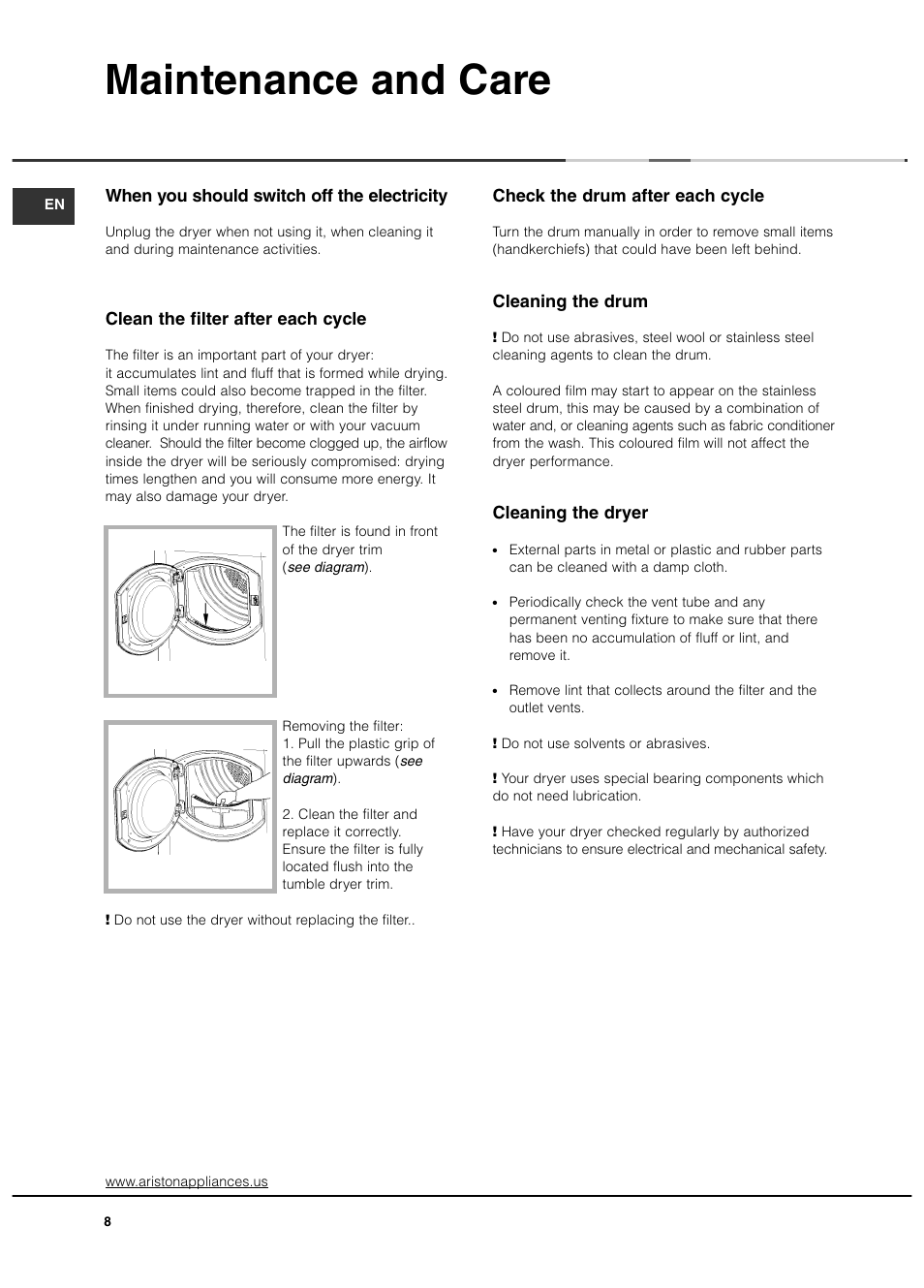 Maintenance and care | Ariston AS65VXS User Manual | Page 8 / 36