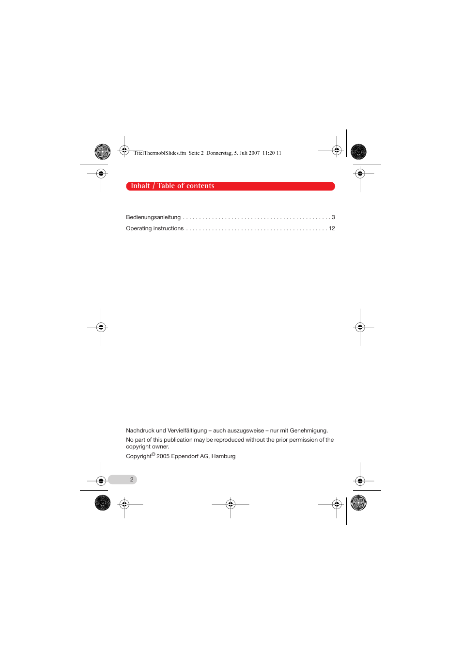 Inhalt / table of contents | Eppendorf Thermoblock slides User Manual | Page 2 / 15
