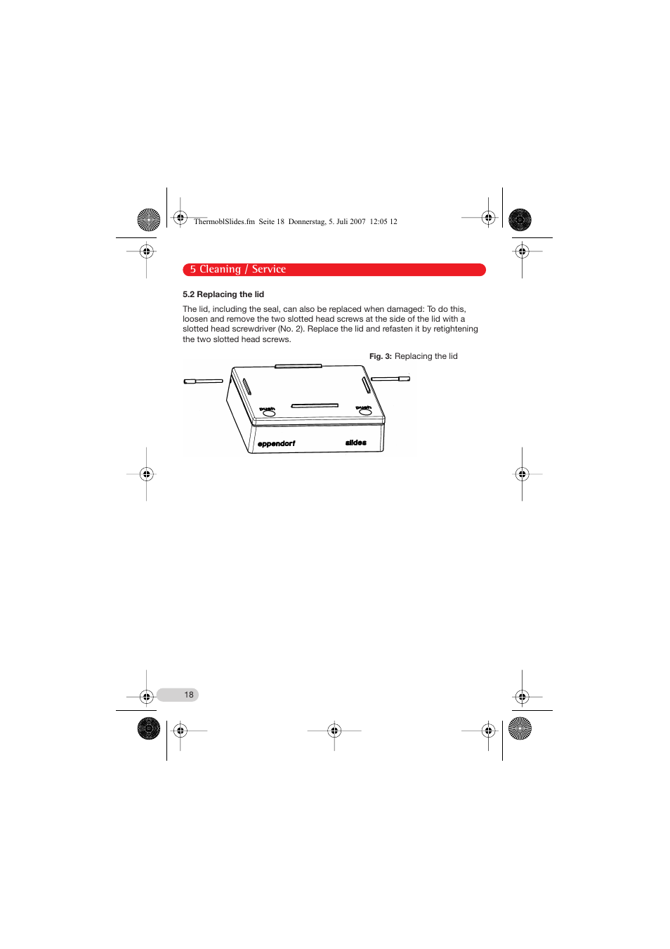 2 replacing the lid, 5 cleaning / service | Eppendorf Thermoblock slides User Manual | Page 9 / 15