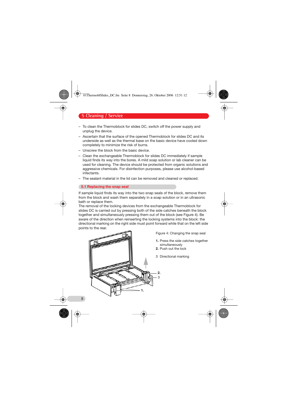 5 cleaning / service, 1 replacing the snap seal | Eppendorf Thermoblock for slides DC User Manual | Page 8 / 16