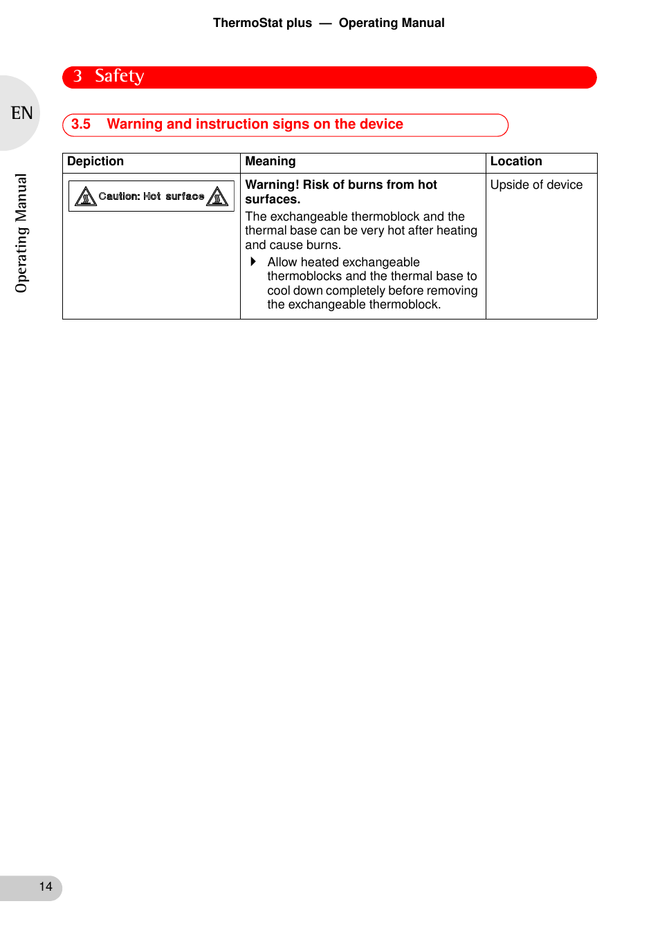 5 warning and instruction signs on the device | Eppendorf ThermoStat plus User Manual | Page 12 / 33