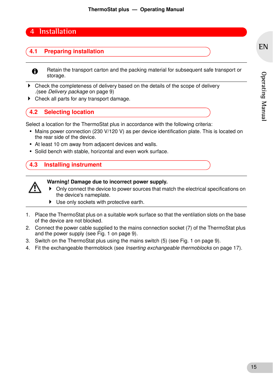 Installation, 1 preparing installation, 2 selecting location | 3 installing instrument, 4 installation | Eppendorf ThermoStat plus User Manual | Page 13 / 33