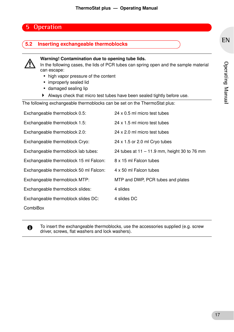 2 inserting exchangeable thermoblocks, 5 operation | Eppendorf ThermoStat plus User Manual | Page 15 / 33