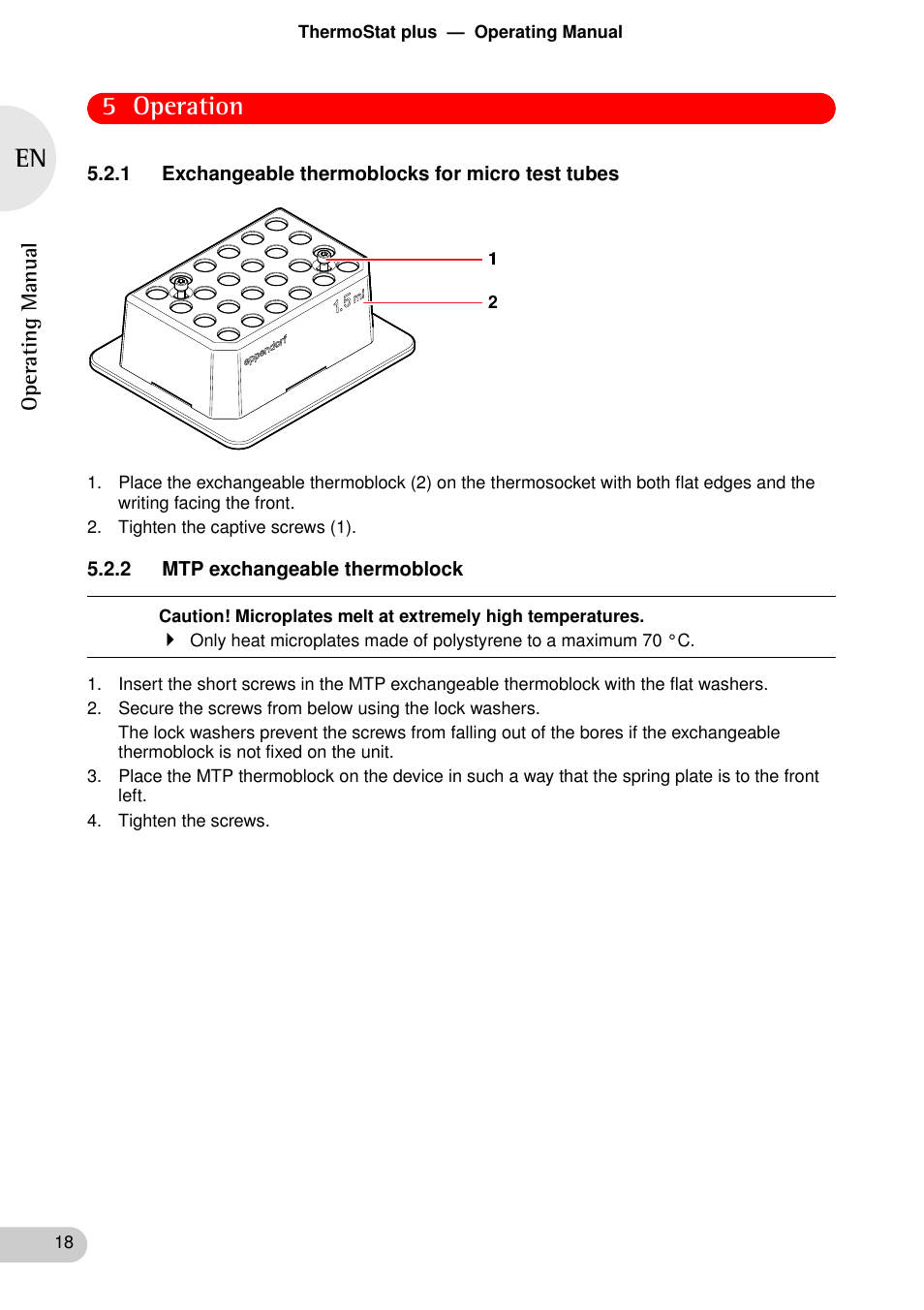 1 exchangeable thermoblocks for micro test tubes, 2 mtp exchangeable thermoblock, 5 operation | Eppendorf ThermoStat plus User Manual | Page 16 / 33