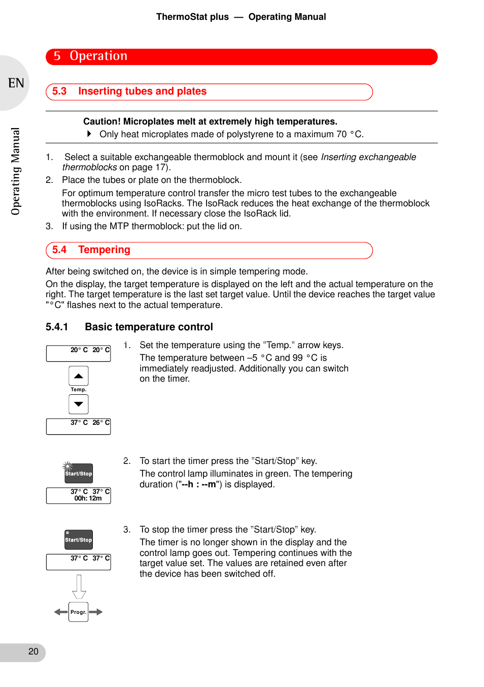 3 inserting tubes and plates, 4 tempering, 1 basic temperature control | 3 inserting tubes and plates 5.4 tempering, 5 operation | Eppendorf ThermoStat plus User Manual | Page 18 / 33