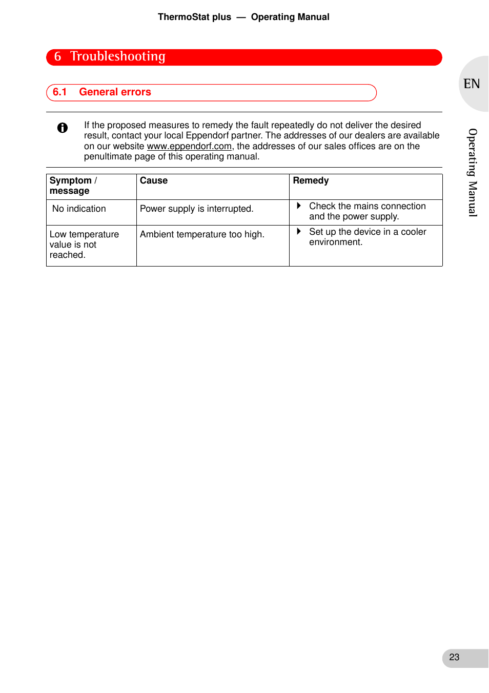 Troubleshooting, 1 general errors, Troubleshooting 6.1 general errors | 6 troubleshooting | Eppendorf ThermoStat plus User Manual | Page 21 / 33