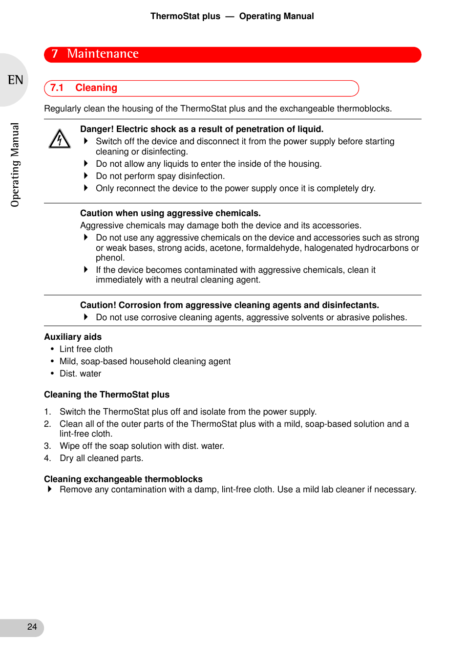 Maintenance, 1 cleaning, Maintenance 7.1 cleaning | 7 maintenance | Eppendorf ThermoStat plus User Manual | Page 22 / 33