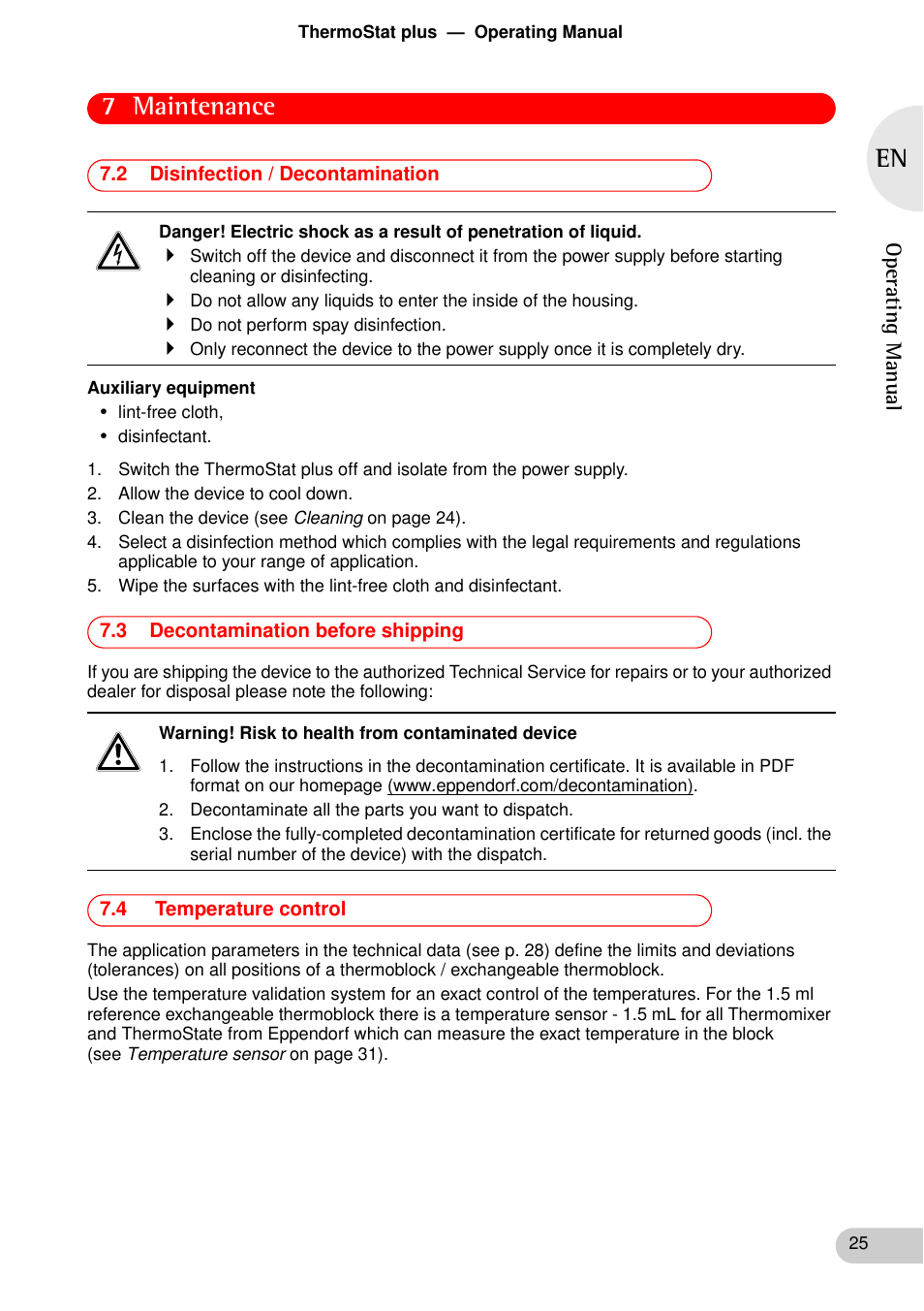 2 disinfection / decontamination, 3 decontamination before shipping, 4 temperature control | 7 maintenance | Eppendorf ThermoStat plus User Manual | Page 23 / 33