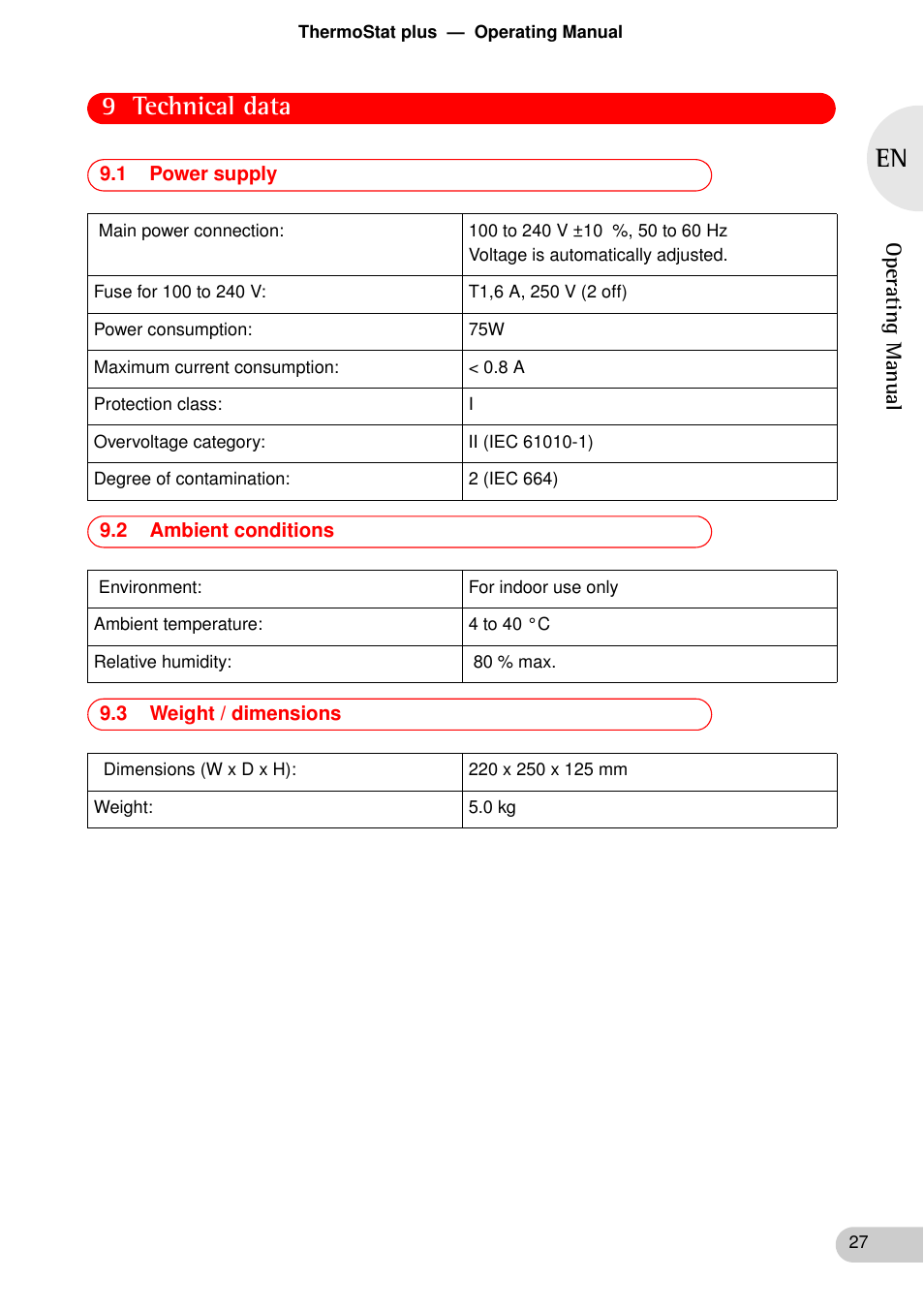 Technical data, 1 power supply, 2 ambient conditions | 3 weight / dimensions, 9 technical data | Eppendorf ThermoStat plus User Manual | Page 25 / 33