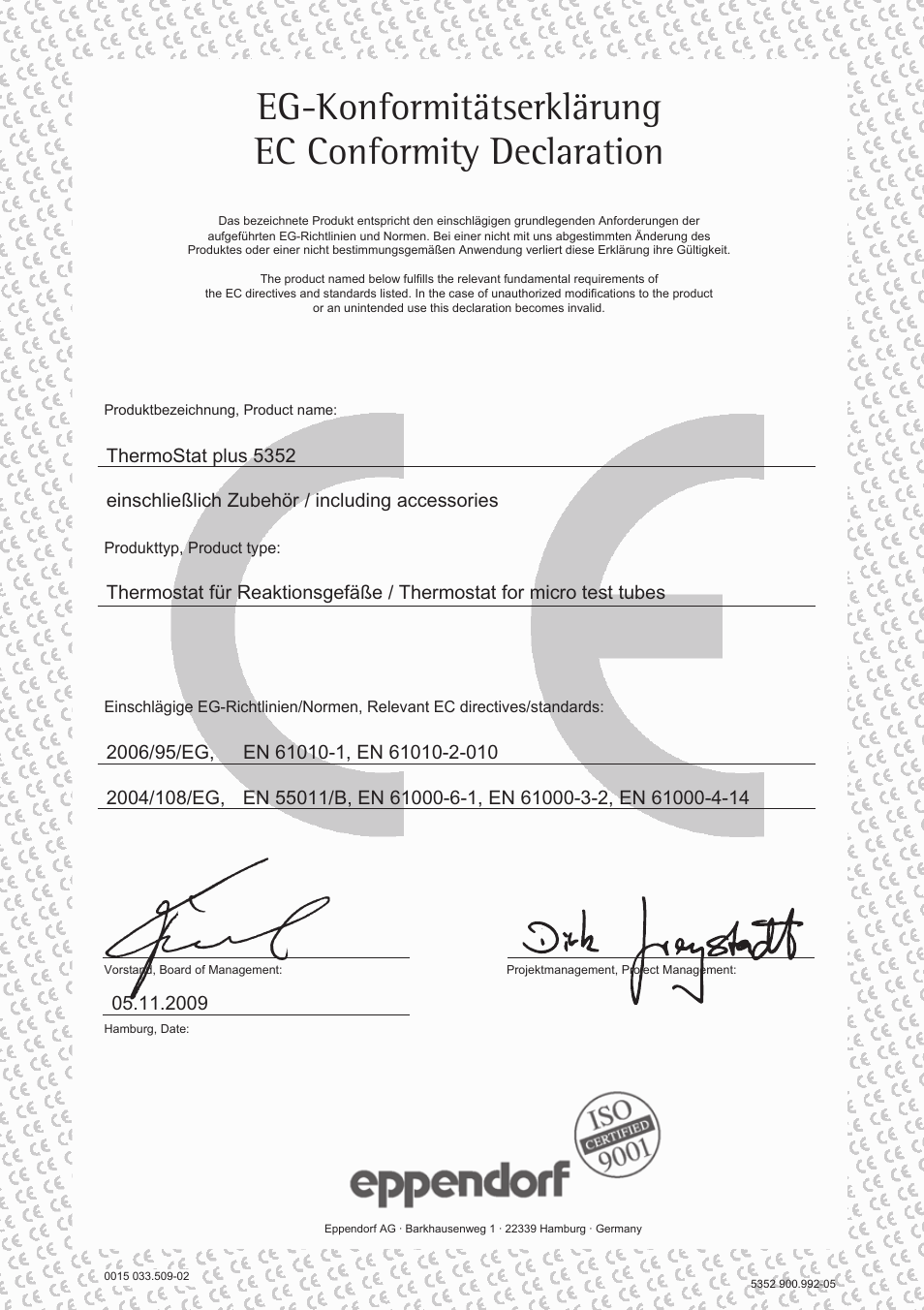 Ec conformity declaration, Eg-konformitätserklärung ec conformity declaration | Eppendorf ThermoStat plus User Manual | Page 31 / 33