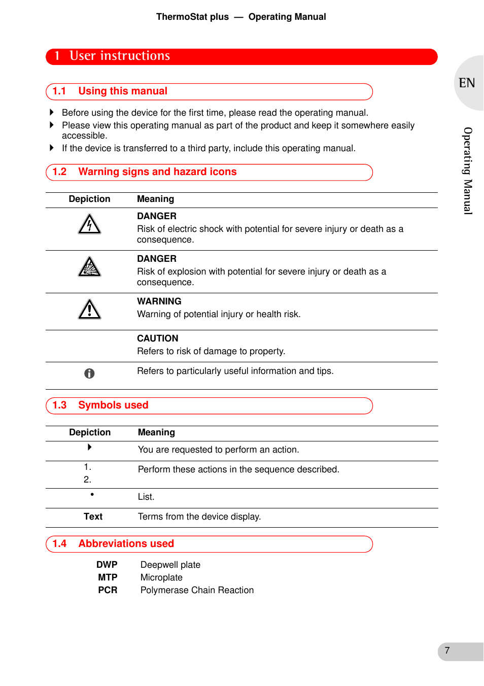 User instructions, 1 using this manual, 2 warning signs and hazard icons | 3 symbols used, 4 abbreviations used, 1 user instructions | Eppendorf ThermoStat plus User Manual | Page 5 / 33