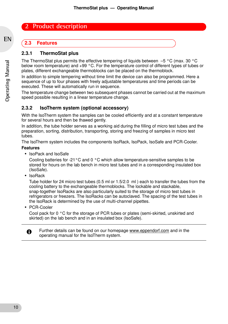 3 features, 1 thermostat plus, 2 isotherm system (optional accessory) | 2 product description | Eppendorf ThermoStat plus User Manual | Page 8 / 33