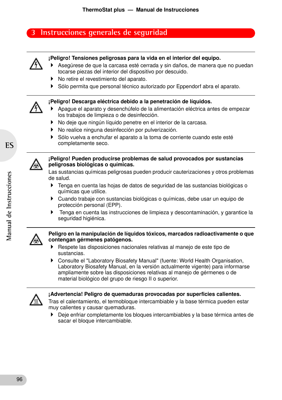 3 instrucciones generales de seguridad | Eppendorf ThermoStat plus User Manual | Page 10 / 33