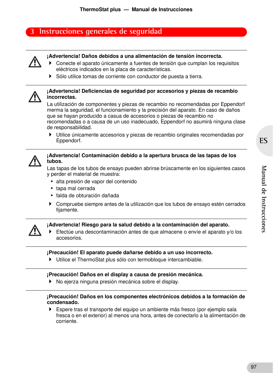 3 instrucciones generales de seguridad | Eppendorf ThermoStat plus User Manual | Page 11 / 33