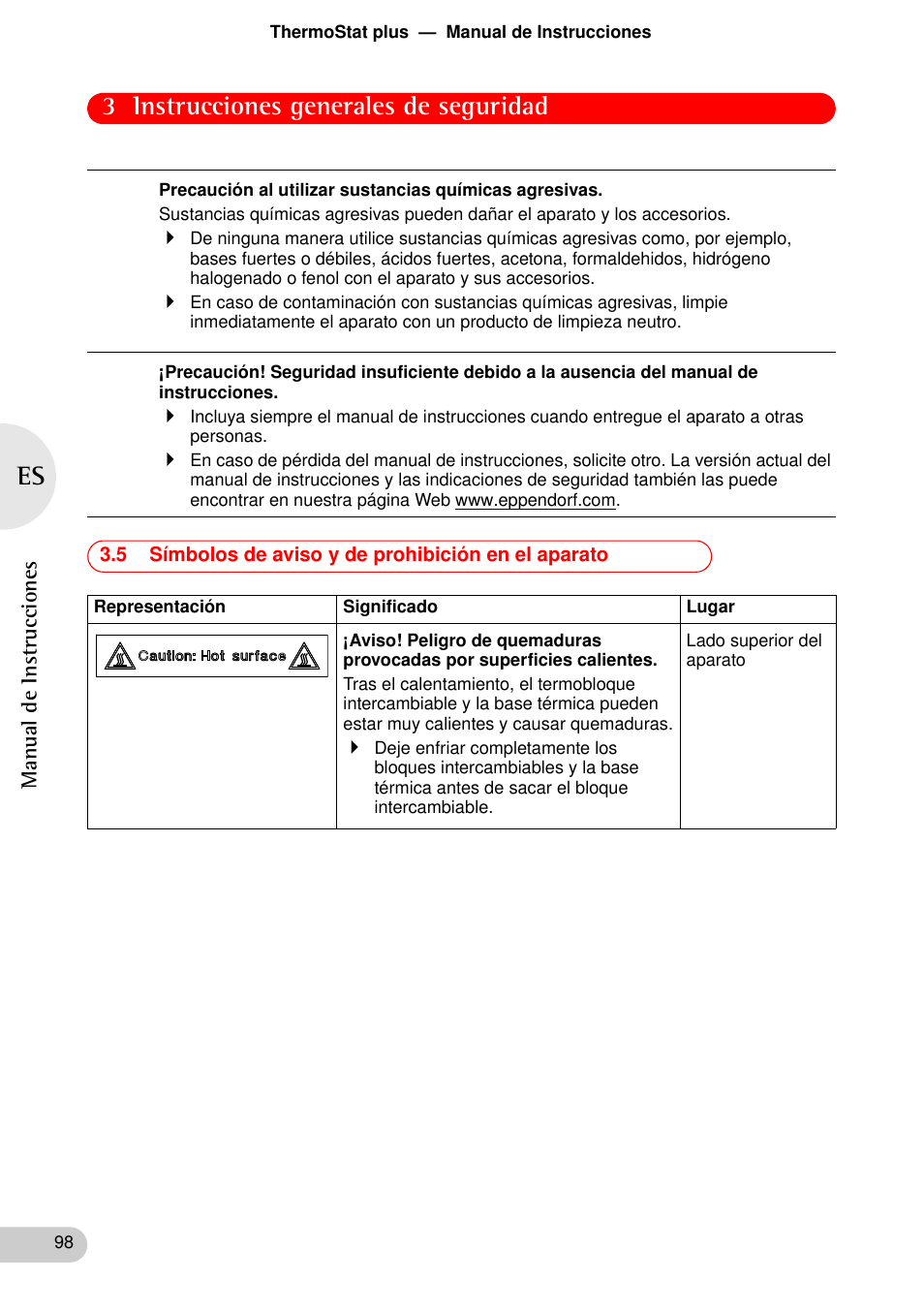 5 símbolos de aviso y de prohibición en el aparato, 3 instrucciones generales de seguridad | Eppendorf ThermoStat plus User Manual | Page 12 / 33