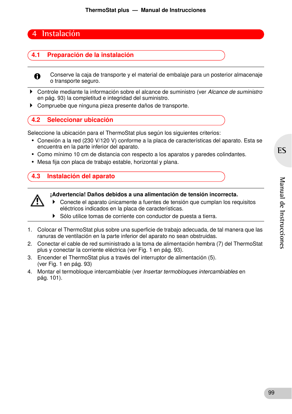 Instalación, 1 preparación de la instalación, 2 seleccionar ubicación | 3 instalación del aparato, 4 instalación | Eppendorf ThermoStat plus User Manual | Page 13 / 33