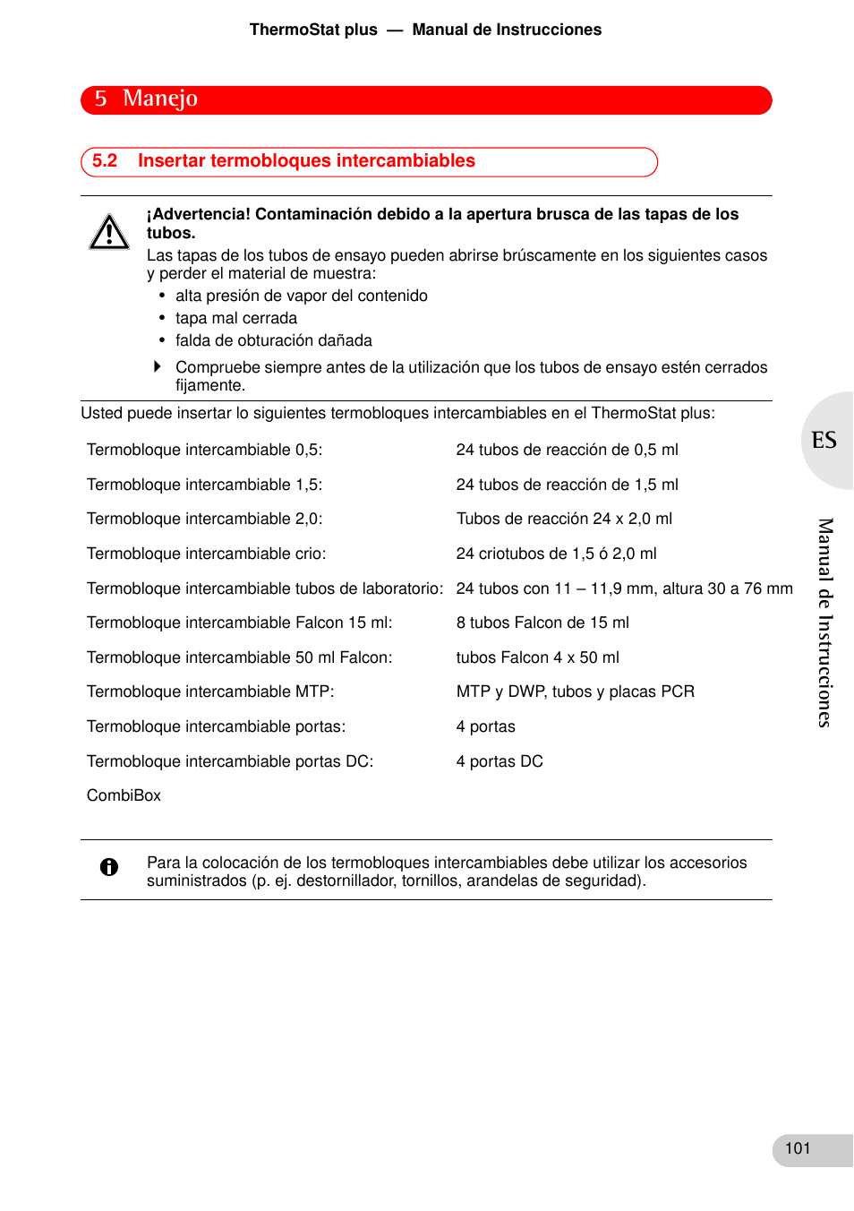 2 insertar termobloques intercambiables, Pág. 101), 5 manejo | Eppendorf ThermoStat plus User Manual | Page 15 / 33