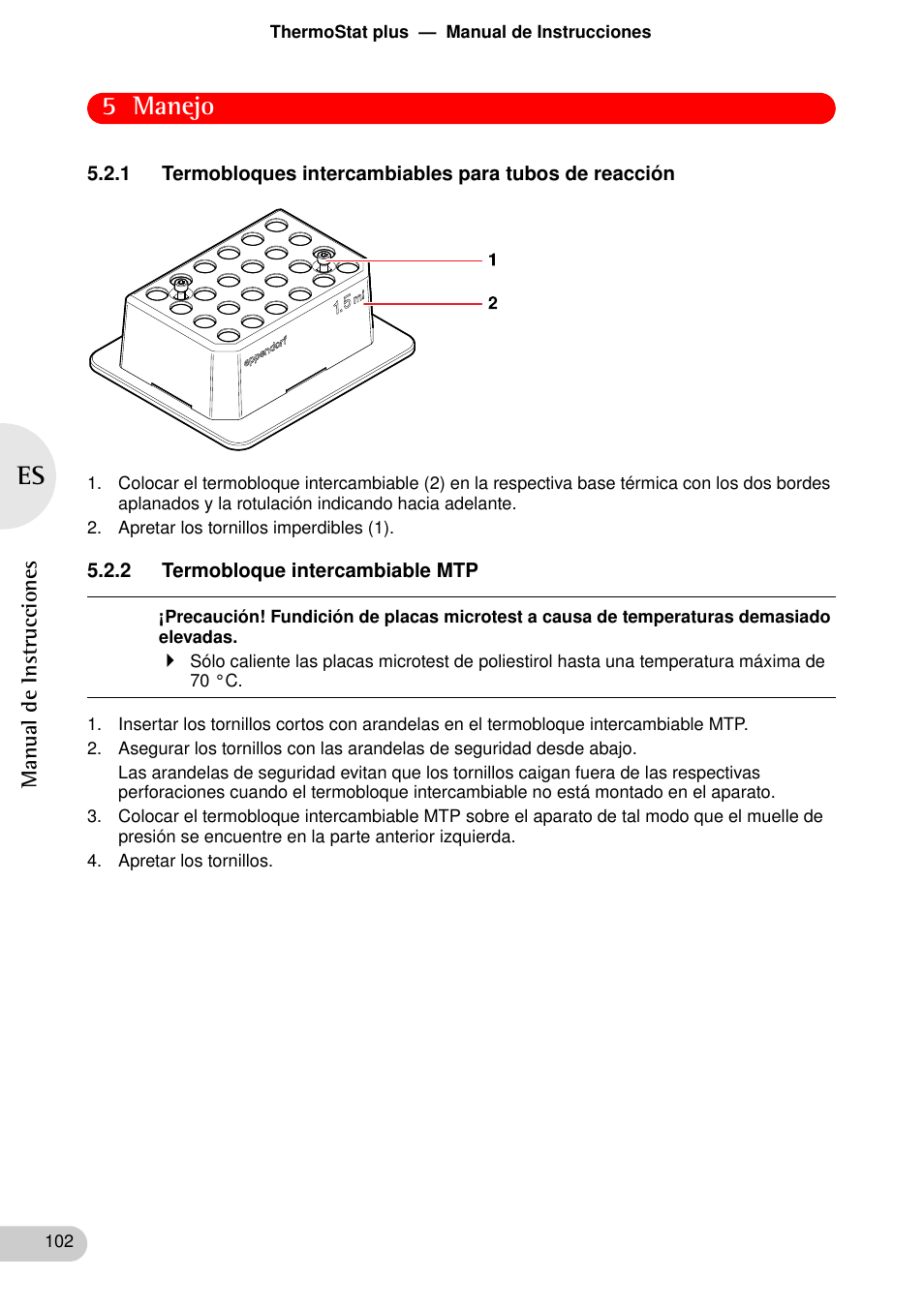 2 termobloque intercambiable mtp, 5 manejo | Eppendorf ThermoStat plus User Manual | Page 16 / 33