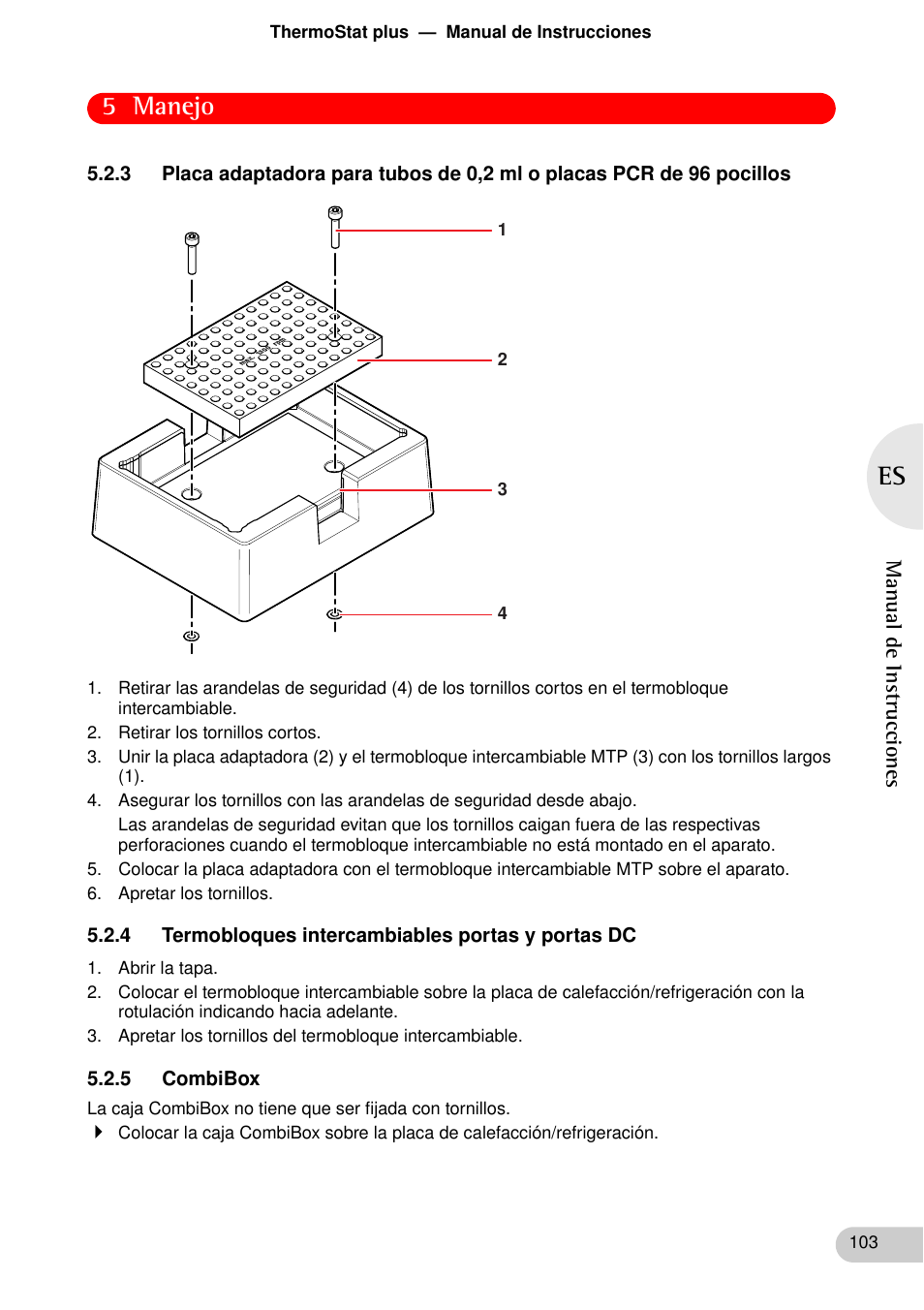 4 termobloques intercambiables portas y portas dc, 5 combibox, 5 manejo | Eppendorf ThermoStat plus User Manual | Page 17 / 33