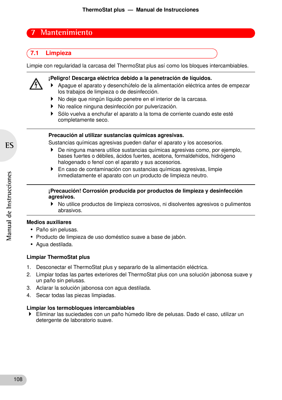 Mantenimiento, 1 limpieza, Mantenimiento 7.1 limpieza | 7 mantenimiento | Eppendorf ThermoStat plus User Manual | Page 22 / 33