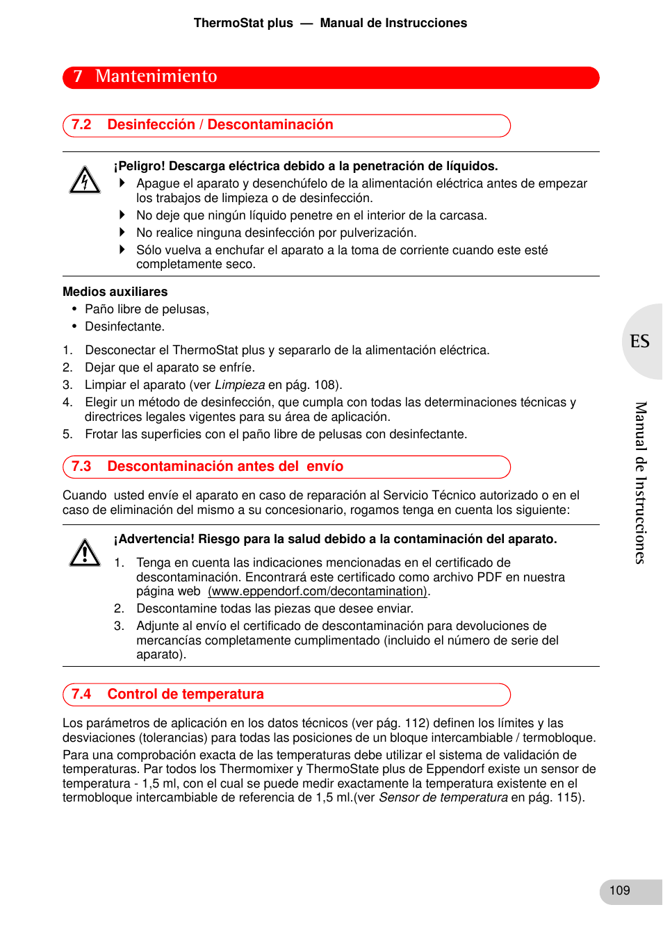 2 desinfección / descontaminación, 3 descontaminación antes del envío, 4 control de temperatura | 7 mantenimiento | Eppendorf ThermoStat plus User Manual | Page 23 / 33