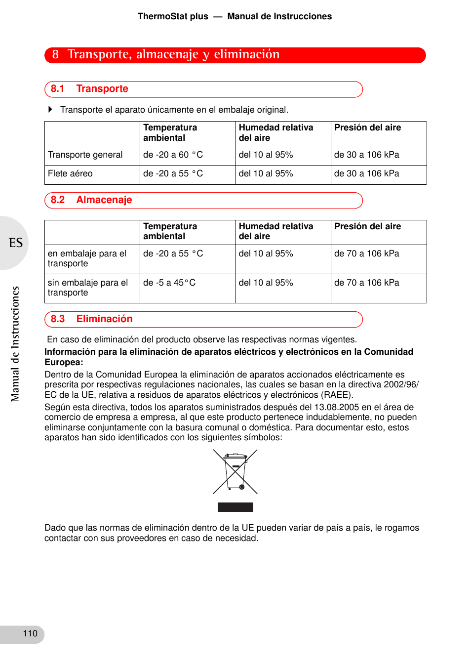 Transporte, almacenaje y eliminación, 1 transporte, 2 almacenaje | 3 eliminación, 8 transporte, almacenaje y eliminación | Eppendorf ThermoStat plus User Manual | Page 24 / 33