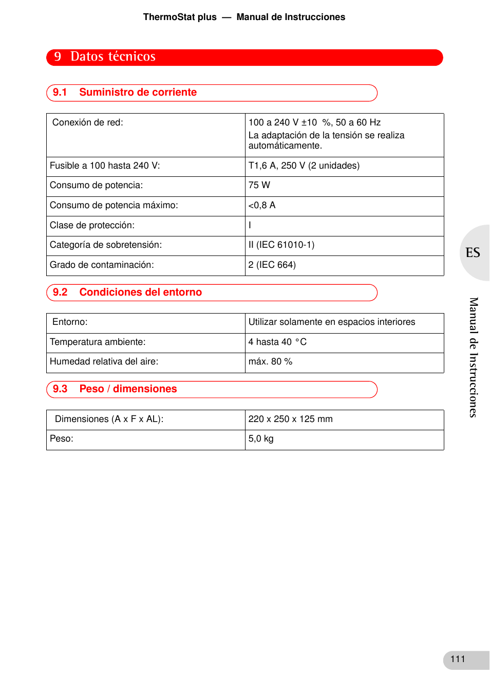 Datos técnicos, 1 suministro de corriente, 2 condiciones del entorno | 3 peso / dimensiones, 9 datos técnicos | Eppendorf ThermoStat plus User Manual | Page 25 / 33